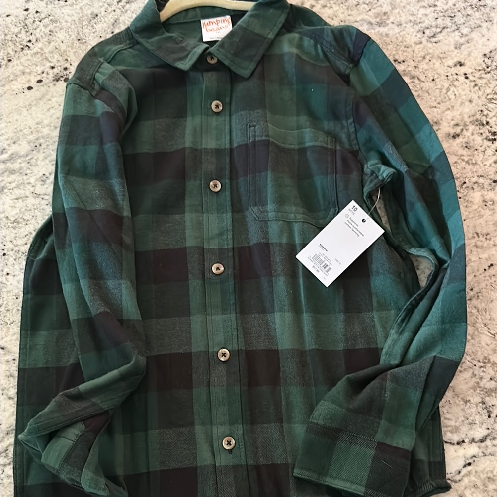 Jumping Beans boys size 10 Flannel Green button down shirt - NWT